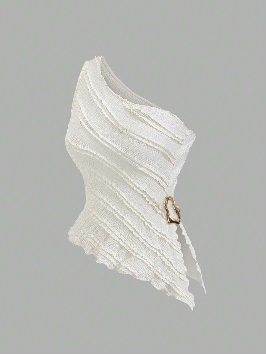 Sweetra Women's Asymmetric Hem Elegant Sexy Textured Blouse - Apricot - View 1