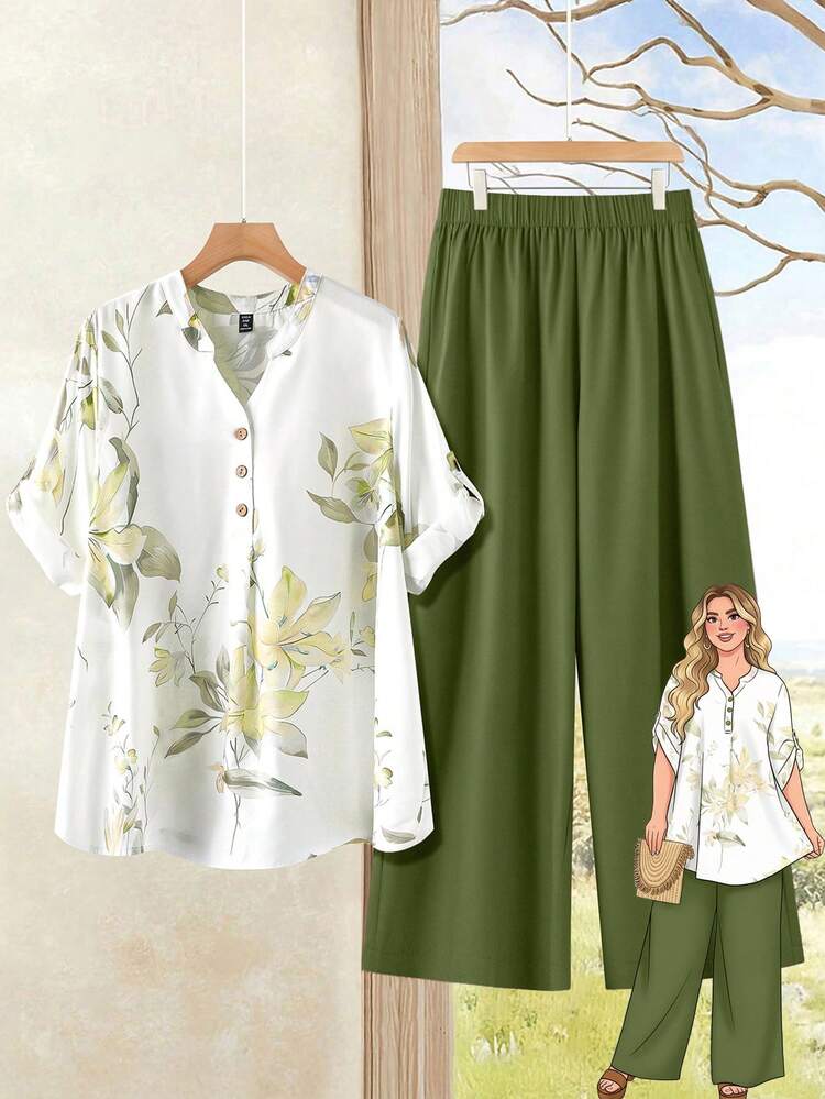 Plus Size Women Floral Print Button Short Sleeve Top And Wide Leg Pants Casual 2 Piece Set Vacation Outfits Women Holiday Outfits For Women Beach Vacation Outfits For Women Blouse And Pants Set Summer Pants Sets For Women Women Vacation Outfit Sets  Country Style For Women, Summer Outfits