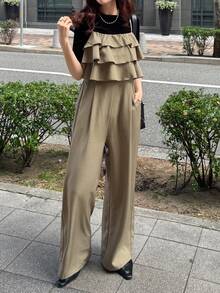 FRIFUL 女士吊带荷叶边阔腿连体裤，夏季度假风连体裤 - 綠色 - 查看 4