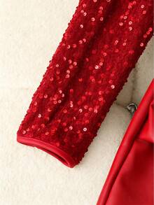 GlowEve Women's Elegant Sequin & Faux Leather Patchwork Ruched Bodycon V-Neck Dress, Slimming Fit, Autumn/Winter - Red - View 4