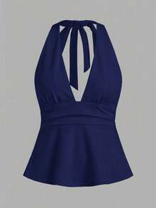 SHEIN ICON 95% Cotton Halter Deep V-Neck Cinched Waist A-Line Backless Tank Top, Solid Blue - Navy Blue - View 7
