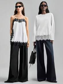 Ontre Lace 2026SS Spring/Summer Party Valentine's Day T-Shirt Top, Women's Spring/Summer Apparel, Round Neck White Lace Patchwork Elegant Minimalist Women's T-Shirt, Spring/Summer Vacation Party Holiday Office Wear Professional Attire Casual Wear - White - View 2