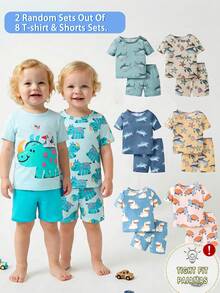 Bộ 8 món/set (giao ngẫu nhiên), bộ đồ ngủ ôm sát 2 món, đồ mặc nhà mùa hè tay ngắn và quần short cho bé trai, họa tiết động vật biển dễ thương như cá mập, sao biển, chữ cái, tê giác, rùa. - Nhiều màu - Xem 3