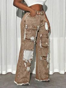 Slaydiva Women's Distressed Slant Pocket Casual Versatile Wide Leg Jeans Ripped Baggy Jeans Patchwork Pants Loose Jeans Ripped Jeans Distressed Jeans - Coffee Brown - View 3