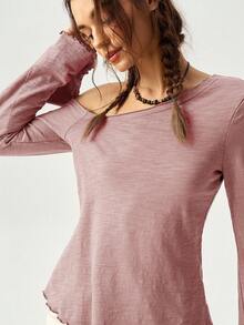 Bohemela Women Solid Color Long Sleeve Asymmetrical Neck T-Shirt, Vacation Style Long Sleeve Tops Women Tops One Shoulder Tops Bell Sleeve Tops Basic Tops - Pink - View 8