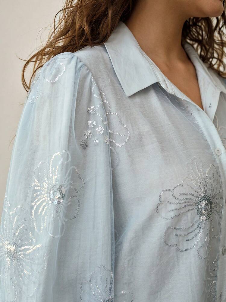 PLUS SIZE WOMEN'S ELEGANT VERSATILE SEQUIN DESIGN HIGH-END BLOUSE, SPRING/SUMMER