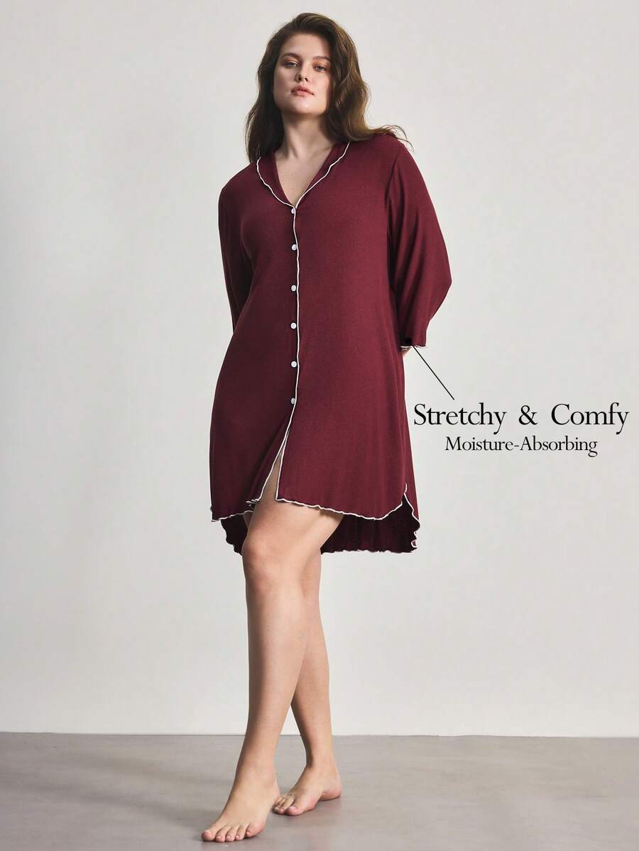 Ocili Camicia da notte oversize con colletto arricciato, comoda, con bottoni a conchiglia e costine - Bordò - Visualizzare 1
