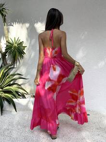 Sunnyshic 女士碎花多色吊带长裙，饰有金属纽扣，时尚优雅浪漫海滩度假装扮，性感迷人夏日连衣裙 - 玫紅色 - 查看 2