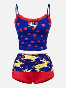 Y2Kool Maria Clara Maia Blue & Red Color-Block Rabbit Rose Easter Y2K Street Fashion Casual Women's Lace Patchwork Two-Piece Set, Suitable For Autumn And Winter Home, Party, Vacation, Holiday, And Daily Outfits - Blue - View 2