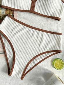 SHEIN Bộ bikini dây chéo phối màu tương phản phong cách retro dành cho bé gái tuổi teen, màu xanh navy, thích hợp cho kỳ nghỉ biển. - Màu be - Xem 3