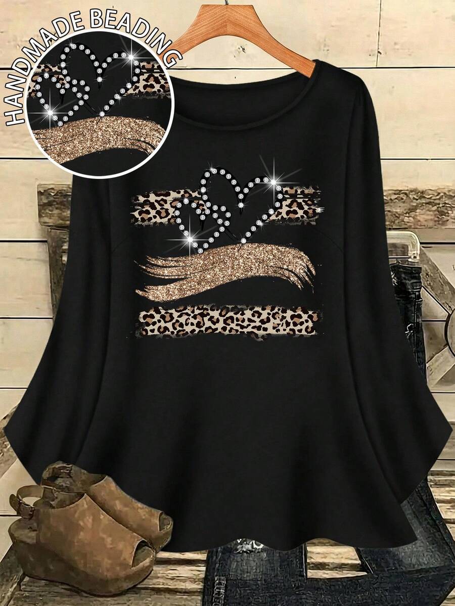 EMERY ROSE Áo thun nữ cỡ lớn in họa tiết toàn thân, cổ tròn, tay lỡ, dáng rộng, thích hợp cho mùa thu/đông. - Nhiều màu - Xem 1