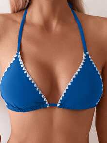 Swim Basics 女士性感露背撞色三角缝线系带比基尼上衣，沙滩度假风 - 藍色 - 查看 4