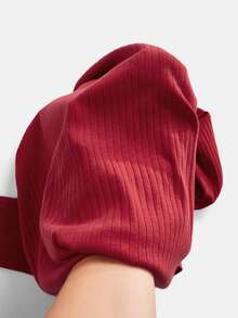 SHEIN EZwear Plus Size Red Ribbed Knit Stand Collar Long Sleeve T-Shirt - Red - View 7