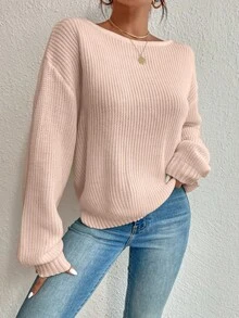 EURMUSE Women's Solid Color Boat Neck Loose Casual Sweater With Crossed Back Design, Long Sleeve - Coral Pink - View 3