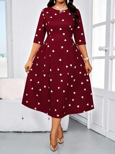 SHEIN Lady Abito casual da donna taglie forti con scollo rotondo, vita stretta e maniche 3/4