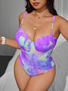 SHEIN Swim Curve 大码女士珍珠串珠交叉肩带带衬垫连体泳衣，时尚休闲度假 - 彩色 - 查看 3