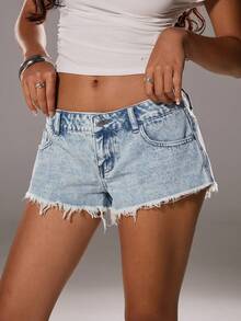 SHEIN Tall 女士休闲低腰牛仔短裤，夏季 - 藍色 - 查看 6