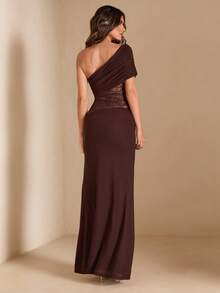 SHEIN BAE 早春纯棕色浪漫情人节及约会之夜度假女士蕾丝腰部拼接修身美人鱼连衣裙，派对礼服，浪漫约会礼服，伴娘迷你裙，舞会礼服，棕色连衣裙，生日迷你裙，度假连衣裙 - 棕色 - 查看 2