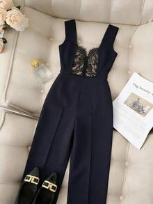 Gloray Women's Contrast Lace Sleeveless Wide Leg Casual Jumpsuit - Navy Blue - View 3