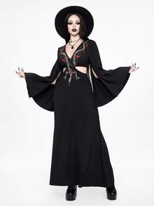 ROMWE Goth 暗黑禁忌森林波西米亚哥特风蛇刺镂空腰部喇叭袖连衣裙 - 黑色 - 查看 2
