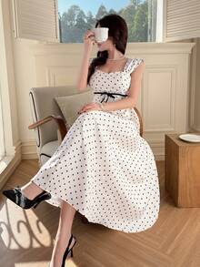 DAZY 女士甜心领波点印花系带腰身优雅中长连衣裙婚礼宾客礼服 - 米色 - 查看 3