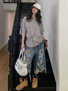 DAZY 女士条纹不对称肩短袖休闲宽松T恤 - 灰色 - 查看 10