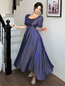 DAZY 女士优雅纯色泡泡袖中长连衣裙，夏季婚礼宾客礼服 - 紫色 - 查看 3