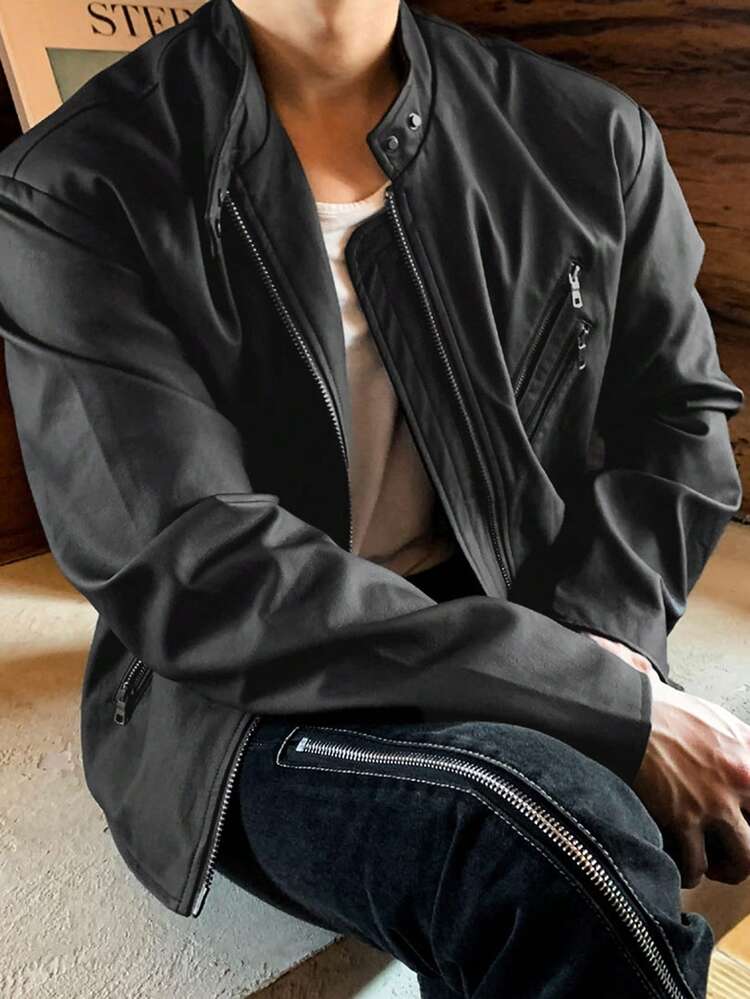 Men's Solid Black Zip-Up PU Jacket And Coat, Spring/Autumn