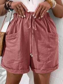 EMERY ROSE Quần short nữ cỡ lớn, màu trơn, cạp chun, kiểu dáng thường ngày, đa năng, có thể mặc hàng ngày. - Gỗ đỏ - Xem 3