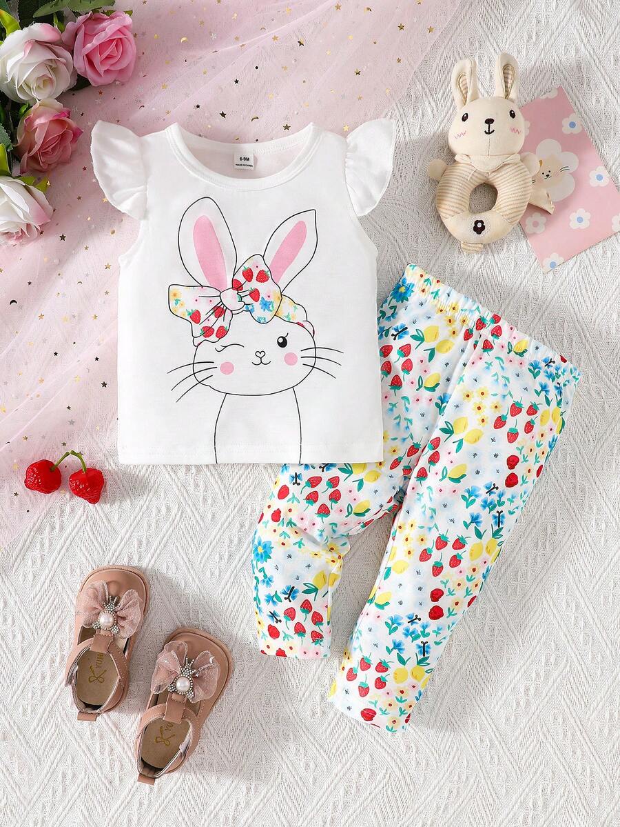 SHEIN 2pcs/Set Baby Girls Cute Rabbit Print Short Sleeve Top And Pants Set, Summer - White - View 1