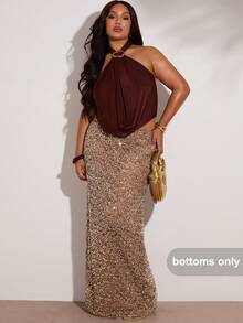 SHEIN BAE 大码派对夜店宴会图案刺绣亮片闪亮鱼尾优雅女士长裙，白色裙子，派对裙，优雅女士裙，万圣节服装，夏季，暑假，春假，情人节，狂欢节 - 卡其色 - 查看 9