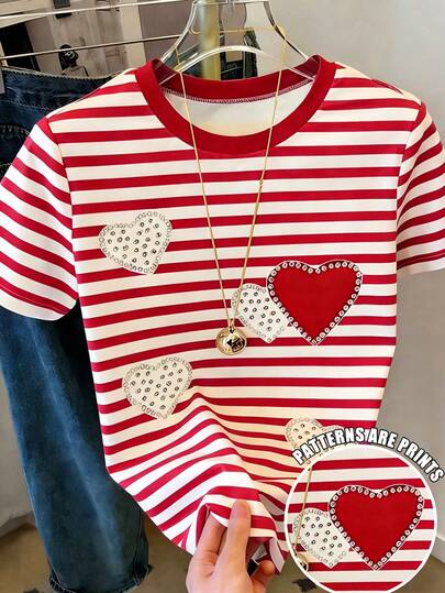 Camiseta de manga corta con cuello redondo, estampado retro de corazones en color burdeos, estilo vintage Y2K, casual y elegante, adecuada para el verano y el regreso a la escuela, para adolescentes