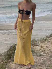 INAWLY Falda de punto casual y versátil con cintura ajustable y diseño calado - amarillo ganso - Ver 3