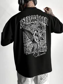 Manfinity LEGND Camiseta de manga corta de cuello redondo con estampado de letras y esculturas casual para hombre, verano - Negro - Ver 1