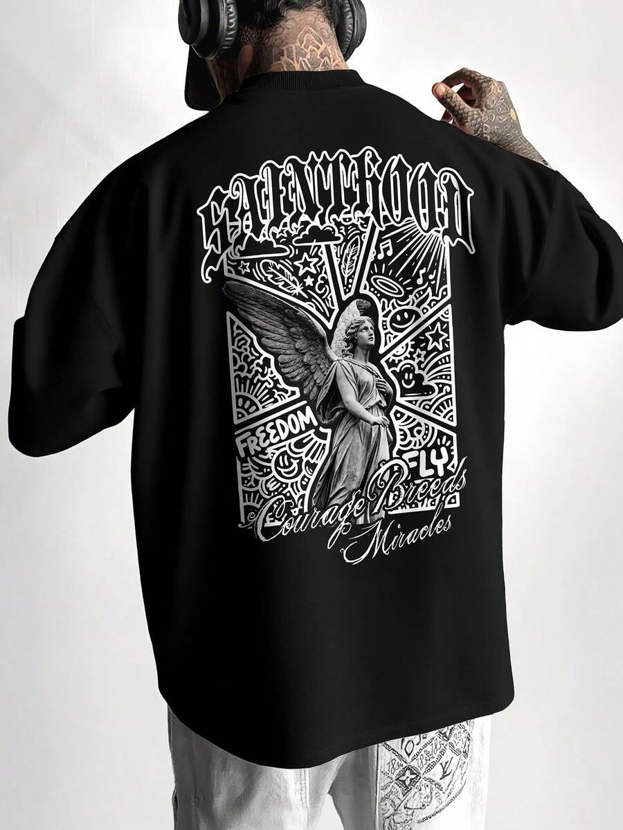 Manfinity LEGND Camiseta de manga corta de cuello redondo con estampado de letras y esculturas casual para hombre, verano - Negro - Ver 1