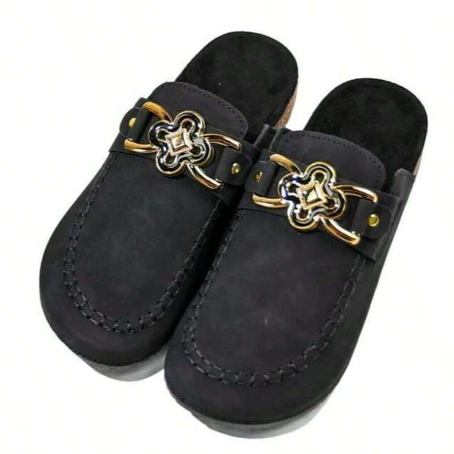 Mules Loafers con Hebilla Metálica - Gamuza Sintética Cómoda - Negro - Ver 1
