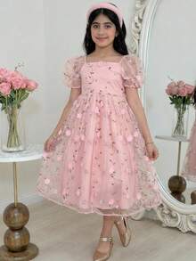 SHEIN Tween Girl Elegant Floral Embroidered Mesh Puff Sleeve Round Neck Dress - Pink - View 2