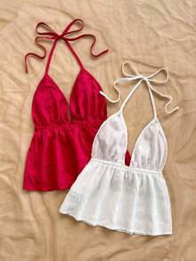 Soleia 2pcs Vacation Sexy Leopard Print Halter V-Neck Backless Textured Camisole, Suitable For Holiday, Date, Afternoon Tea, Vacation, Music Festival, Boho,Spring Outfit Women ,Valentines Day Outfit , - Multicolor - View 2