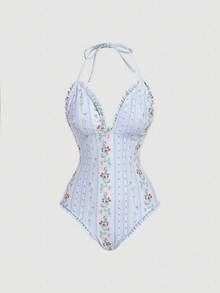 SHEIN MOD 女士性感露背碎花连体泳衣，度假款 - 藍白色 - 查看 3