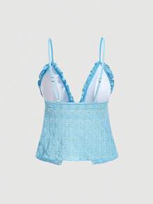 SHEIN MOD 女士纯色荷叶边吊带比基尼套装 - 藍色 - 查看 10