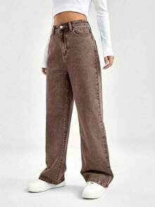 SHEIN EZwear 女士带口袋纽扣休闲百搭日常穿着阔腿牛仔裤 - 棕色 - 查看 5