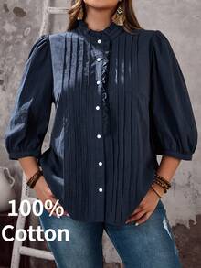 EMERY ROSE Plus Size Pleated Front Button Casual Versatile Shirt For Summer/ Vacation Beach Holiday Casual Going Out Tops Button Up Top - Navy Blue - View 2