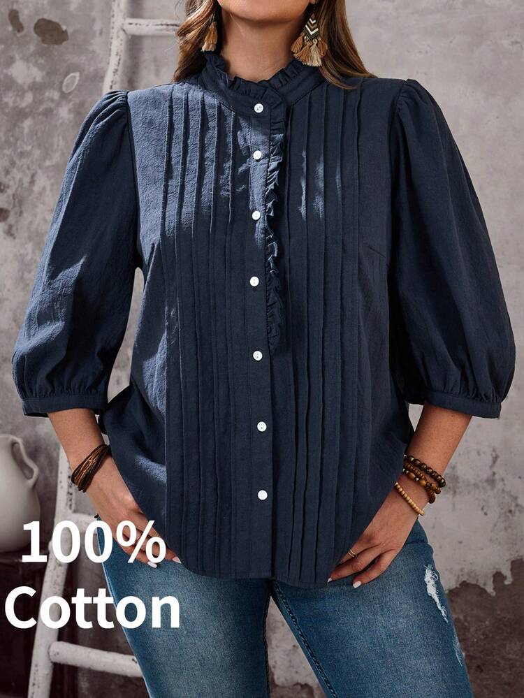 Plus Size Pleated Front Button Casual Versatile Shirt For Summer/ Vacation Beach Holiday Casual Going Out Tops Button Up Top