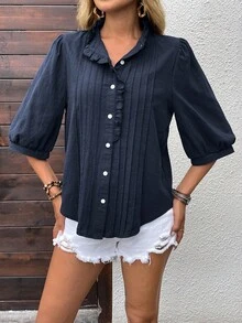 EMERY ROSE Plus Size Pleated Front Button Casual Versatile Shirt For Summer/ Vacation Beach Holiday Casual Going Out Tops Button Up Top - Navy Blue - View 10