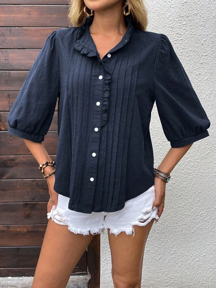Plus Size Pleated Front Button Casual Versatile Shirt For Summer/ Vacation Beach Holiday Casual Going Out Tops Button Up Top