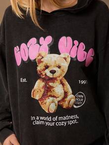 SHEIN EZwear 女士休闲宽松水洗卫衣 - 黑色 - 查看 5