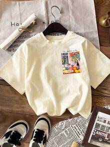 DrmWander 女士印花T恤，休闲街头风短袖T恤，可爱夏季上衣 - 杏色 - 查看 2