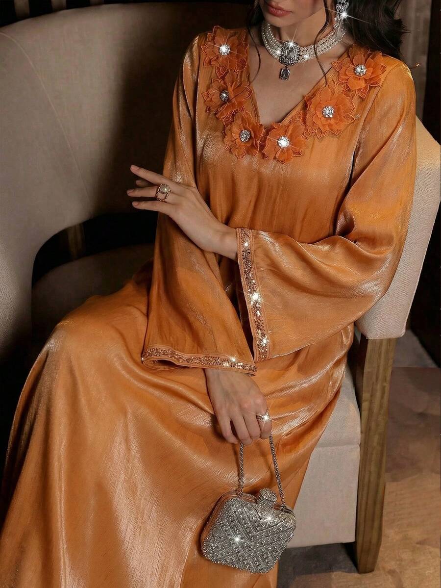 Al Najma Women's Elegant Arabic Style Chiffon Dress With Rhinestone Floral Trim, Long Sleeve, Orange With Golden Shimmer, Spring/Summer - Orange - View 1