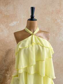 Soleia 女士雪纺优雅奶油黄吊带迷你连衣裙，女士约会连衣裙，女士夜间外出连衣裙，女士夏季连衣裙，女士蜜月套装，女士婚礼宾客连衣裙，海岛度假套装，女士婚礼宾客连衣裙，女士吊带连衣裙，女士优雅派对连衣裙，女士生日连衣裙 - 淡黃色 - 查看 5