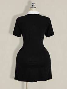 SHEIN ICON 大码女式 Polo 领黑白撞色迷你连衣裙 - 黑色 - 查看 2